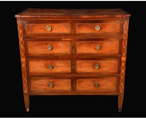 A late 18th century North Italian walnut, mahogany and marquetry commode, quarter veneered top inlaid with Brittania, above f