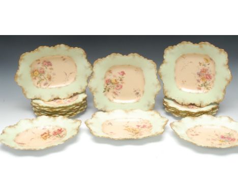 A Royal Crown Derby Warwick shape dessert service, designed by John Porter Wale, comprising two shaped square dessert plates,