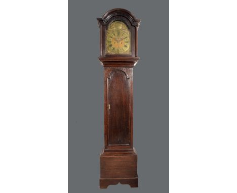 A George I/II oak longcase clock, 30cm arched brass dial inscribed Samuel Harris, London, Roman and Arabic numerals, subsidia