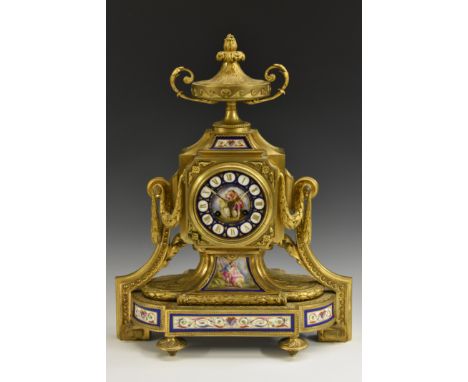 A Louis XVI Revival gilt metal-mounted porcelain clock, 10cm dial inscribed with Roman numerals, twin-winding holes, fourteen