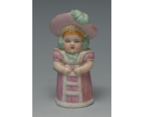 A Royal Worcester candle snuffer, of Feathered Cap, in pink and green, 8cm high, printed mark in green and registration diamo