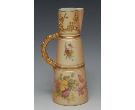 A Royal Worcester blush ivory cylindrical jug, printed and painted with flowers, in relief with gilt foliage, reeded loop han