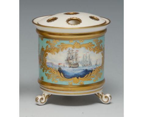 A Lynton porcelain cylindrical bough pot and cover, painted by Stefan Nowaki, signed with initials, with seascape with sailin