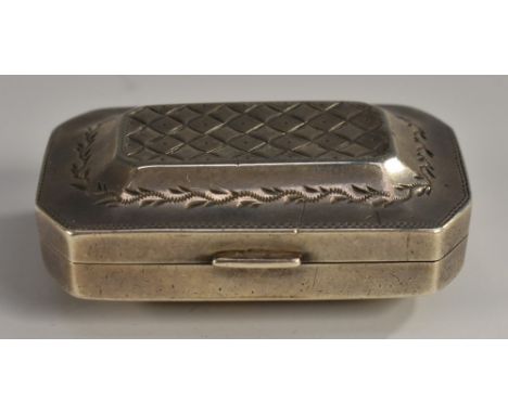 A George III silver canted rectangular patch box, bright-cut and wriggle-work engraved, hinged cover, 3.5cm wide, Samuel Pemb