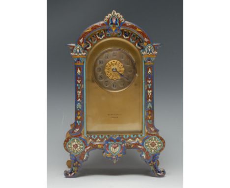A 19th century French champlevé enamel bracket clock, of small proportions, retailed by Russells Ltd of Paris, 5.5cm silvered