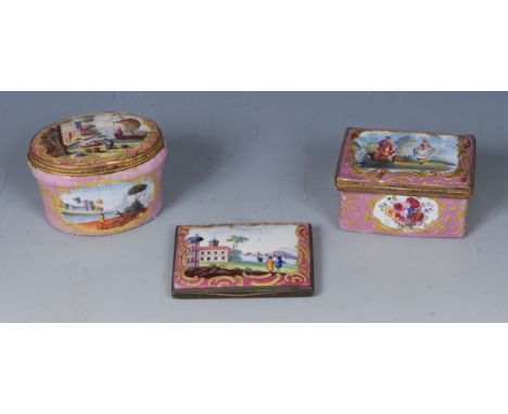An 18th century Bilston enamel and gilt metal mounted  rectangular box, the cover enamelled with lady dancing, within a gilt 