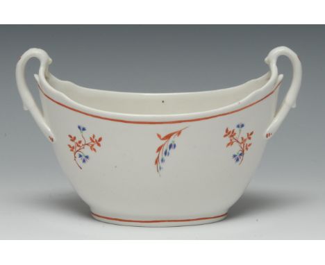 A Pinxton boat shaped sucrier, pattern 1, divided loop handles, decorated with cornflowers and red foliage, red line border, 
