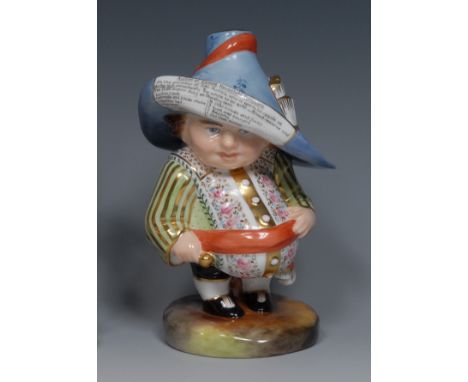 A Royal Crown Derby Mansion House dwarf, standing, wearing a broad brimmed hat, floral fancy shirt, orange sash, shaped circu