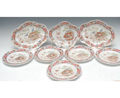 A 19th century Chamberlain Worcester dessert service, decorated in the chinoserie manner,  with two figures in an oriental sc