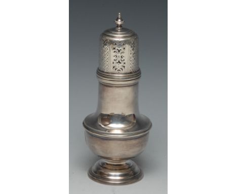 A George V silver baluster sugar caster, of substantial gauge and 18th century design, knop finial, pierced bell shaped cover