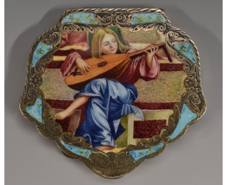 An Austrian silver and enamel scallop-shaped box, the hinged cover decorated in colourful polychrome enamels with a Renaissan