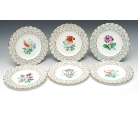 A set of six Minton botanical dessert plates, decorated with various flower samples, the rim interlaced with ovals, picked ou