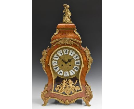 A Louis XV style gilt-metal mounted and marquetry cartouche-shaped bracket clock, 21cm brass dial embossed in the Rococo tast