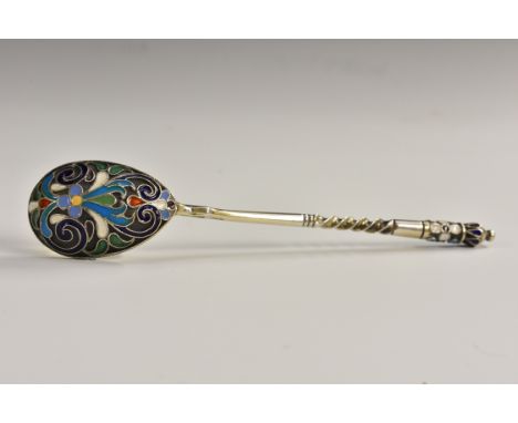 A Russian silver and cloisonne enamel spoon, twisted stem, the bowl-back and terminal brightly decorated in polychrome, 11.5c