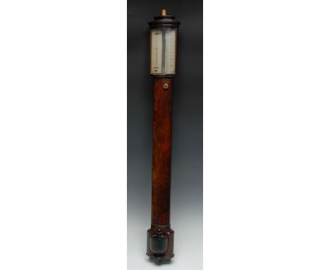 A William IV flame mahogany bow fronted stick barometer, 17.5cm x 10cm silvered register inscribed Troughton & Simms, London,