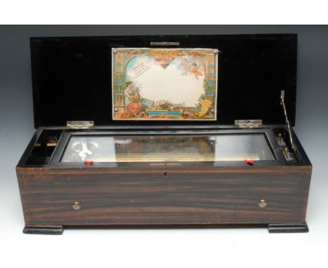 A 19th century Swiss stained rosewood rectangular music box, 42cm cylinder on a one-piece comb, cranking handle, Start/Stop a