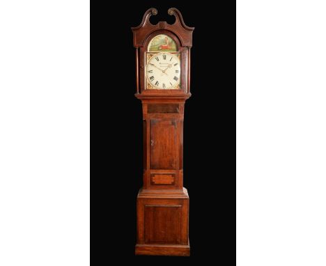 A William IV oak and mahogany crossbanded longcase clock, 30cm arched painted dial inscribed Brownsword, Nottingham, date ape