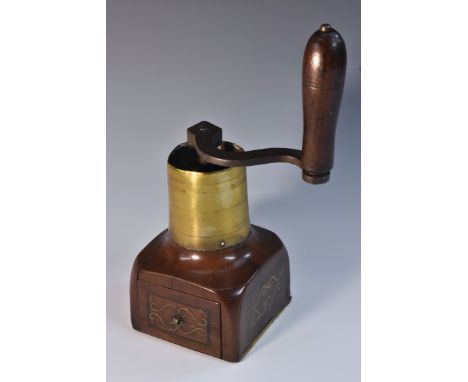 Treen - an 18th century fruitwood, brass and marquetry coffee grinder or mill, turned handle, S-shaped iron crank, cylindrica