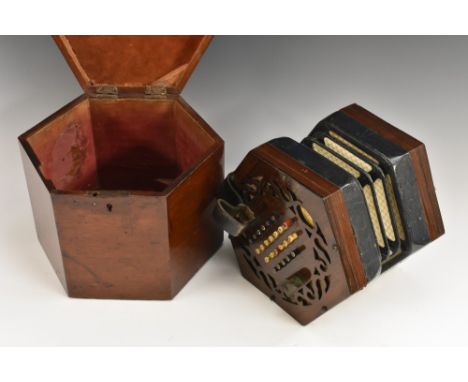 A 19th century rosewood forty-eight button concertina, by Louis Lachenal, London, pierced hexagonal ends, leather trimmed bel