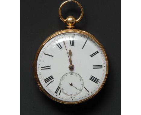 A Victorian 18ct gold open faced fusee pocket watch, 4.5cm enamel dial inscribed with Roman numerals, seconds subsidiary, the