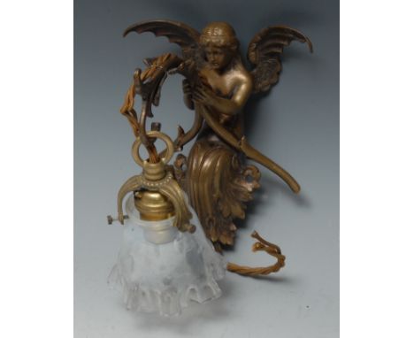 A Victorian design bronzed wall light, cast as a winged maiden grasping an acanthus scroll branch, vaseline glass shade, 19cm