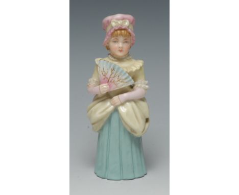 A Royal Worcester candle snuffer, Town Girl, modelled as a Victorian lady holding a fan, picked out in gilt, 10cm high, print