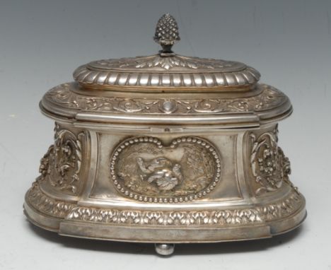 A 20th century French plated table box, of shaped oval form, the sides in relief with birds, flowers and foliage, domed cover