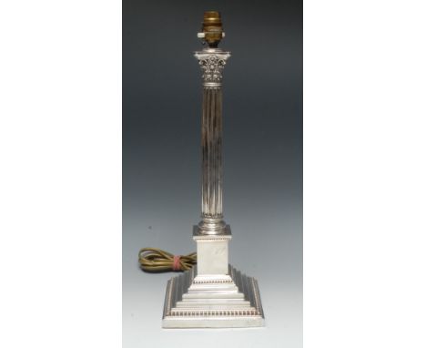 A George V silver Corinthian column table lamp, stepped square base with beaded border, fitted for electricity, 45cm high, Lo