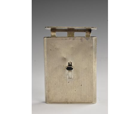 Asprey & Co - an Art Deco silver patent cigarette case, engine turned, the ejector mechanism with cabochon set thumbpiece, 8c