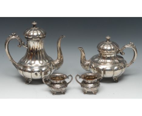 A Scandinavian silver four piece melon shaped tea and coffee service, comprising teapot, coffee pot, cream jug and sugar basi