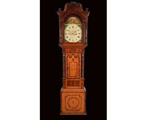 A Victorian oak and mahogany longcase clock, 35cm arched painted dial inscribed S. Tranter, West Bromwich, the arched spandre