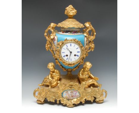 A Napoleon III gilt-metal and porcelain-mounted mantel clock, 9cm enamel dial inscribed Leroy A Paris, Roman numerals, twin-w