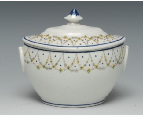A Pinxton oval sucrier and cover, pattern 9, with drop oval handles, decorated with grey swags with yellow and green foliage,