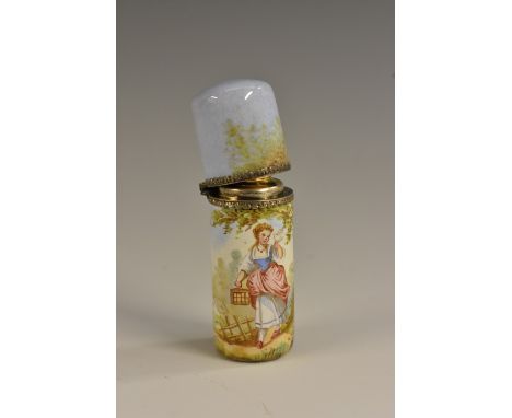 An Austrian enamel cylindrical scent bottle, painted in polychrome with a young lady carrying a basket, hinged cover, 6cm hig