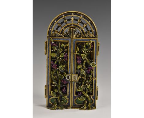 Jay Strongwater - an enamelled and jewelled arched topped two door picture frame, grape vines, signed verso, No 5270, 166mm h