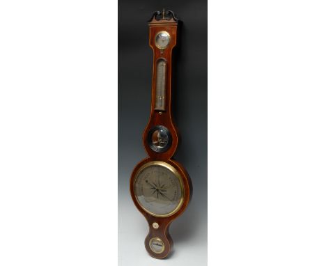 A 19th century mahogany wheel barometer, the level signed Laffranco of Ludlow, 20cm circular register, swan neck pediment, hy
