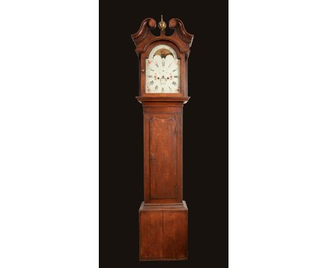 A George III oak and mahogany longcase clock, 30.5cm arched painted dial inscribed Towlson, Chilwell, rolling moon phase to a