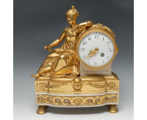 A 19th century French ormolu and white marble mantel clock, 11cm convex dial inscribed with Arabic numerals, twin-winding hol
