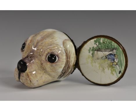 A George III South Staffordshire enamel novelty snuff box or bonbonniere, as the head of a dog, hinged cover, 6cm wide, c.177