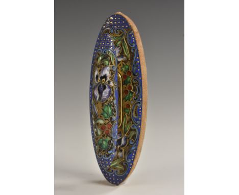 Faberge - a Russian silver and cloisonne enamel oval nail buffer, decorated in polychrome with flowers and scrolls picked out