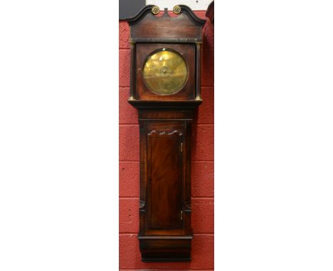 A George III mahogany hooded wall alarum, of typical East Midlands type, 25.5cm circular brass dial with Arabic chapter and c