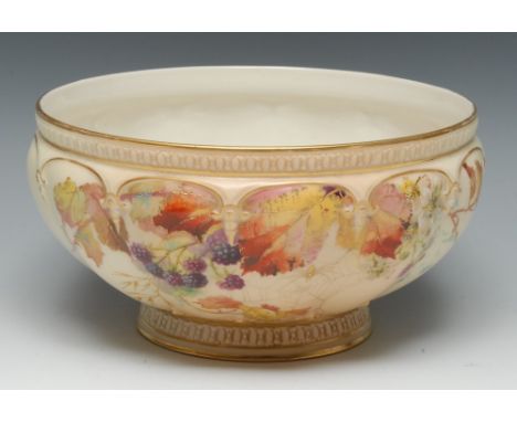 A Royal Worcester lobed bowl, printed and painted with spider, web and brambles and foliage, on blush ivory ground, 22.5cm di