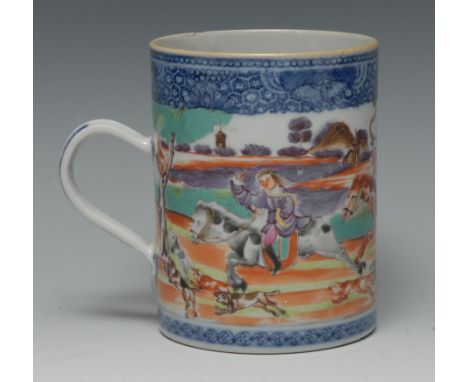 An 18th century Chinese Export porcelain cylindrical mug, painted in colourful polychrome enamels with a fox hunt through a s