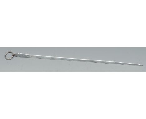 An 18th century French silver meat skewer, loose ring terminal, 35cm long overall, c.1770
