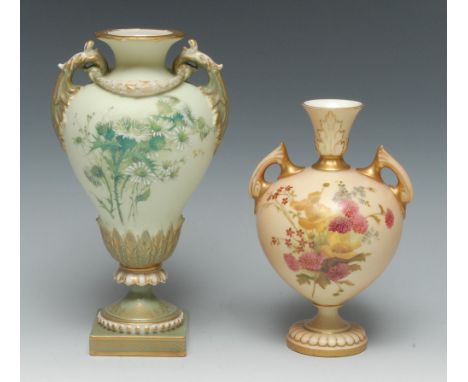 A Royal Worcester two handled pedestal ovoid vase, painted with thistles in the manner of Edward Raby on a blush green ground