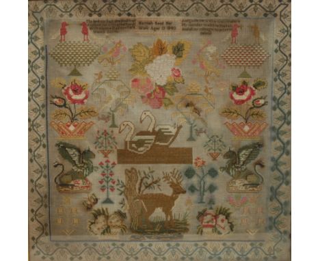 An early Victorian square needlework sampler, by Hannah Read Her Work Aged 13 1840, embroidered in colourful threads with two