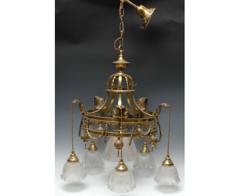 A Neoclassical design circular ceiling lamp, beaded border applied with bellhusk swags, fluted clear glass shades, fitted as 
