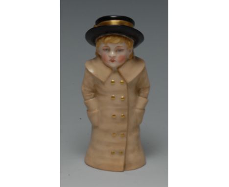 A Royal Worcester candle snuffer, Boy with a Boater, picked out in gilt, 10cm high, printed crown and circle mark