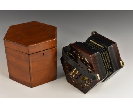 A 19th century forty-eight button concertina, pierced hexagonal ends, leather-trimmed paper bellows, serial no. 49878, 16cm w