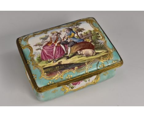 A George III South Staffordshire enamel waisted rectangular snuff box, hinged cover painted with a shepherd and shepherdess, 
